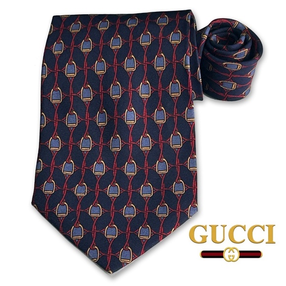 Paolo Gucci Necktie 100% Silk Classic Horse Bit Print Branded Crest Vintage - Picture 8 of 10